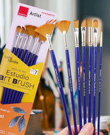 Isomars Estudio Artist Paint Brush Set of 7 | Professional Synthetic Long Handle Art Brushes for Acrylic, Watercolor, Oil & Gouache Painting | Mixed Flat, Round, Filbert, Fan, Angular & Detail Brushes