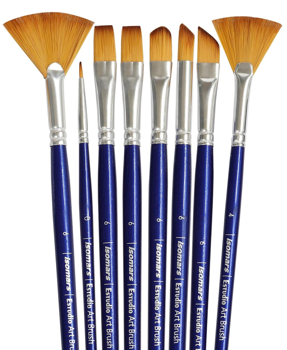 Isomars Estudio Artist Paint Brush Set of 7 | Professional Synthetic Long Handle Art Brushes for Acrylic, Watercolor, Oil & Gouache Painting | Mixed Flat, Round, Filbert, Fan, Angular & Detail Brushes