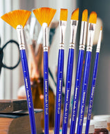 Isomars Estudio Artist Paint Brush Set of 7 | Professional Synthetic Long Handle Art Brushes for Acrylic, Watercolor, Oil & Gouache Painting | Mixed Flat, Round, Filbert, Fan, Angular & Detail Brushes