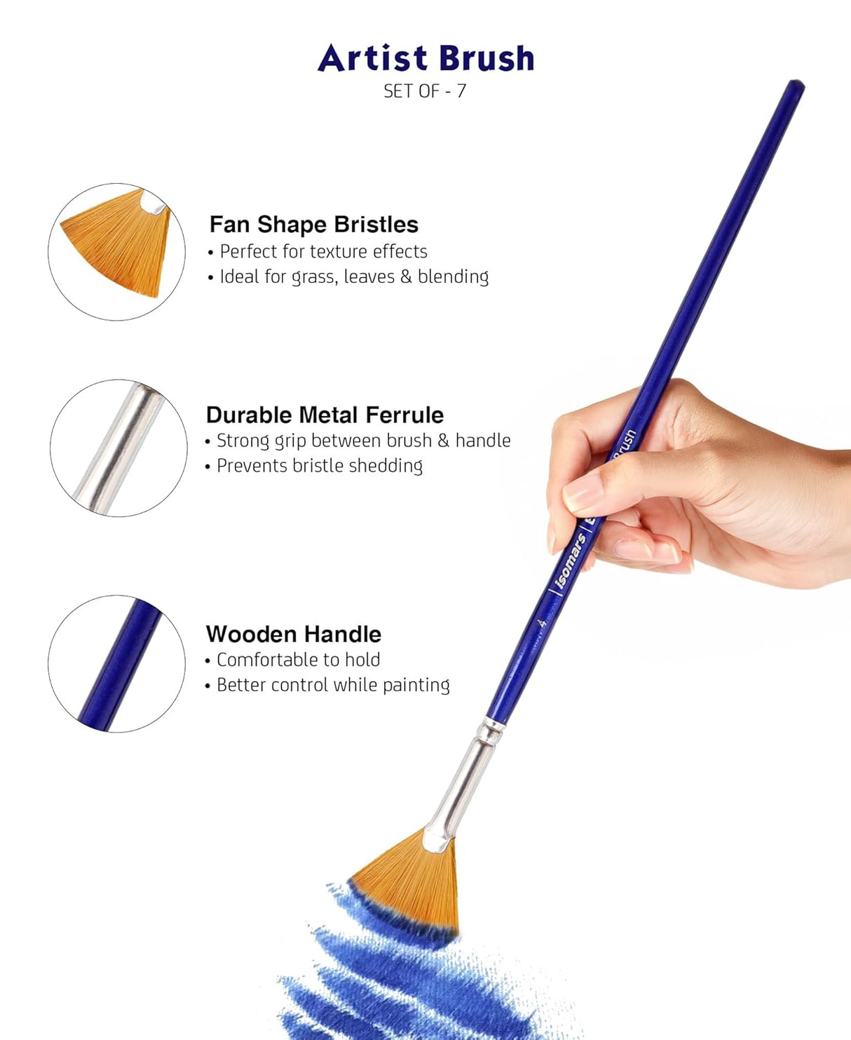 Isomars Estudio Artist Paint Brush Set of 7 | Professional Synthetic Long Handle Art Brushes for Acrylic, Watercolor, Oil & Gouache Painting | Mixed Flat, Round, Filbert, Fan, Angular & Detail Brushes