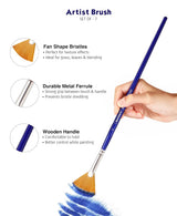 Isomars Estudio Artist Paint Brush Set of 7 | Professional Synthetic Long Handle Art Brushes for Acrylic, Watercolor, Oil & Gouache Painting | Mixed Flat, Round, Filbert, Fan, Angular & Detail Brushes
