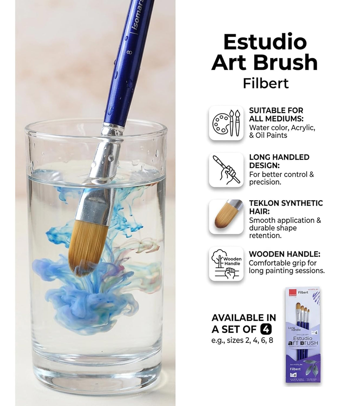 Isomars Estudio Filbert Paint Brush Set of 4 | Professional Synthetic Long Handle Filbert Artist Brushes for Blending, Soft Edges, Curved Strokes & Shading | Acrylic, Watercolor, Oil & Gouache Painting