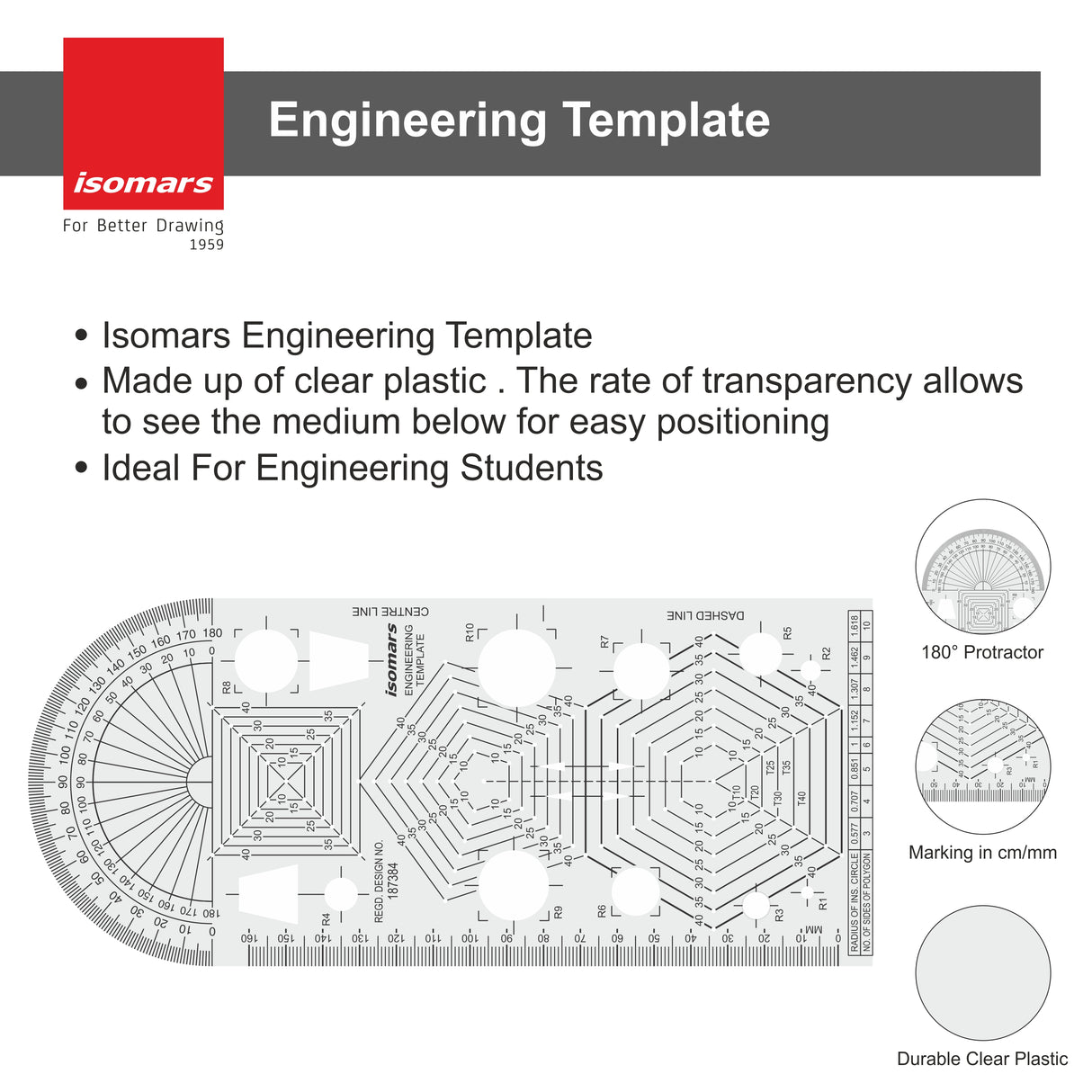 Isomars Engineering Template, Clear Plastic, 180° Protractor, Markings in cm/mm, for Engineering Students