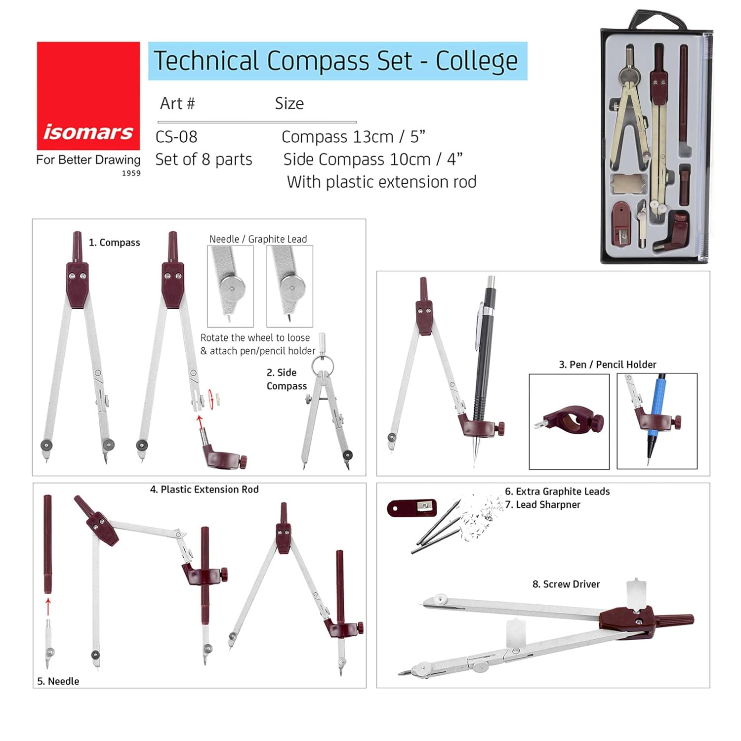 Engineering and Architecture Drafting Compass Set with Divider Extension Bar and Leads