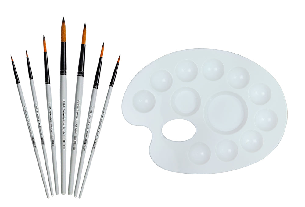Isomars Drawing Brush Set Round Set of 7 with Colour Palette | Premium Golden Taklon Synthetic Artist Brushes with White Mixing Palette for Acrylic, Watercolor, Oil & Face Painting