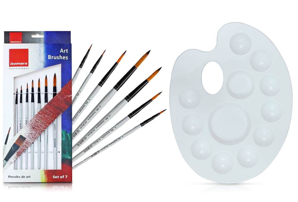 Isomars Drawing Brush Set Round Set of 7 with Colour Palette | Premium Golden Taklon Synthetic Artist Brushes with White Mixing Palette for Acrylic, Watercolor, Oil & Face Painting