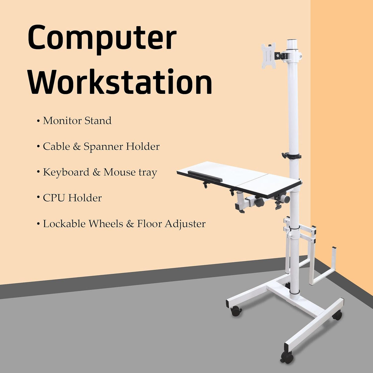 Height Adjustable Rolling Computer Workstation Table with Wheels and Floor Adjusters
