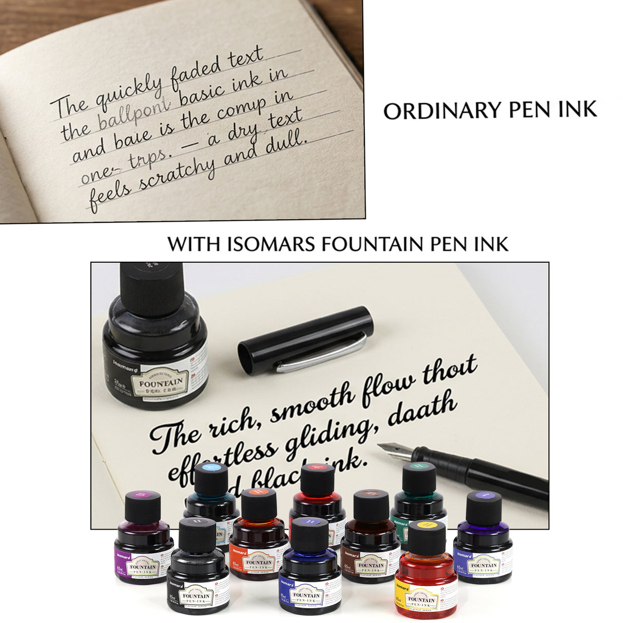 Isomars Fountain Pen Ink Set of 10 Colors, 65ml Each Bottle, Quick Drying, Non-Clogging Formula, Smooth Ink Flow, Vibrant Archival Inks for Fountain Pens, Calligraphy & Writing