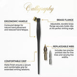 Isomars Oblique Calligraphy Holder with Brass Flange & 2 Professional Nibs for Copperplate and modern calligraphy
