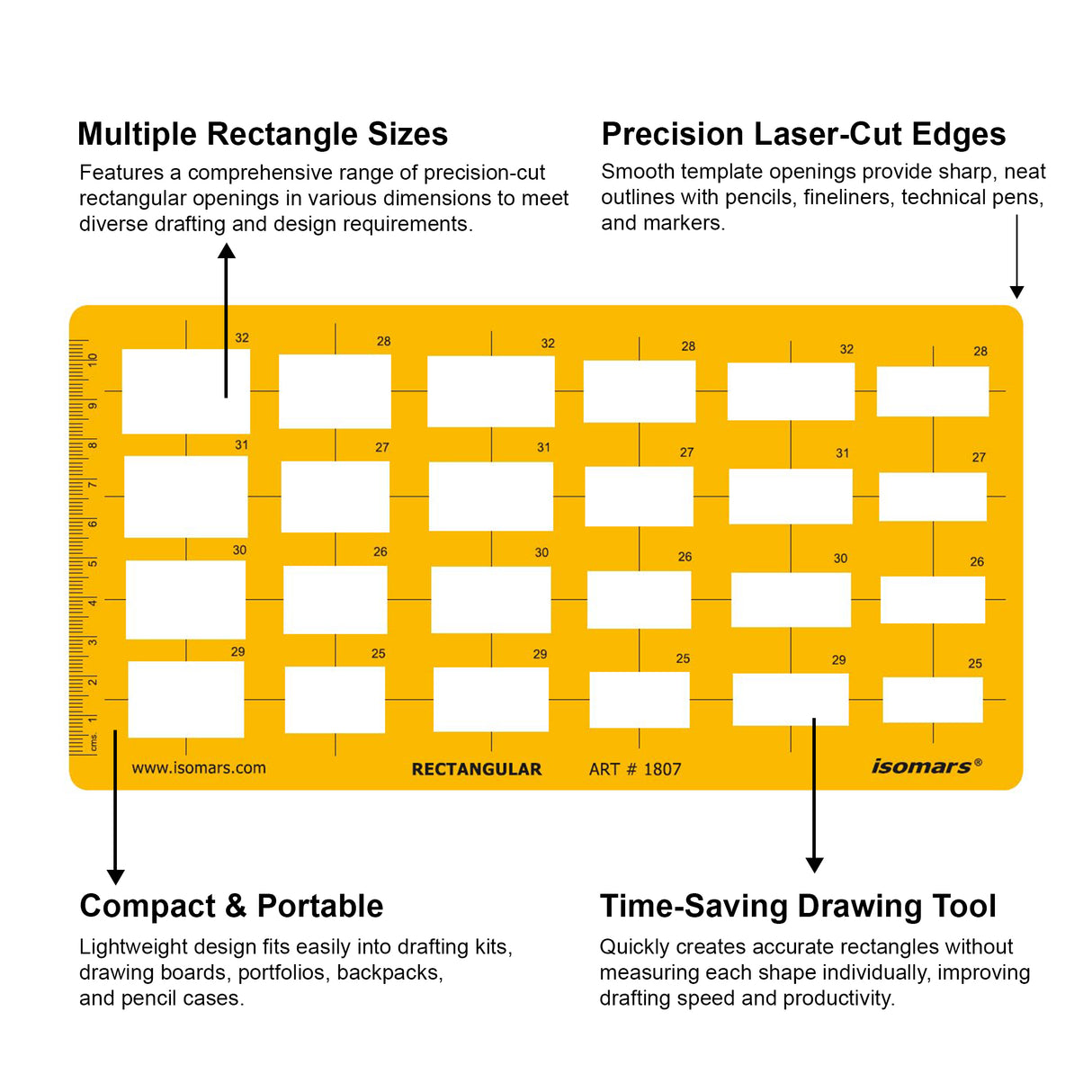 Isomars Rectangular Template Drawing Stencil | Precision Rectangle Drafting Template with Multiple Sizes | Geometric Drawing Tool for Architects, Engineers, Designers, Artists & Students