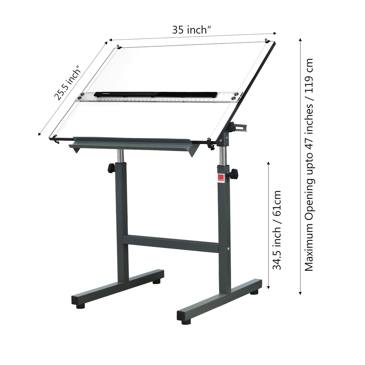 Isomars Scholar A1 Drawing Table with Parallel Motion Ruler | Adjustable Height (34.5"-47") & 0-180° Tilting Board | Olive Green Steel Frame | Drafting Table for Architects, Artists & Designers