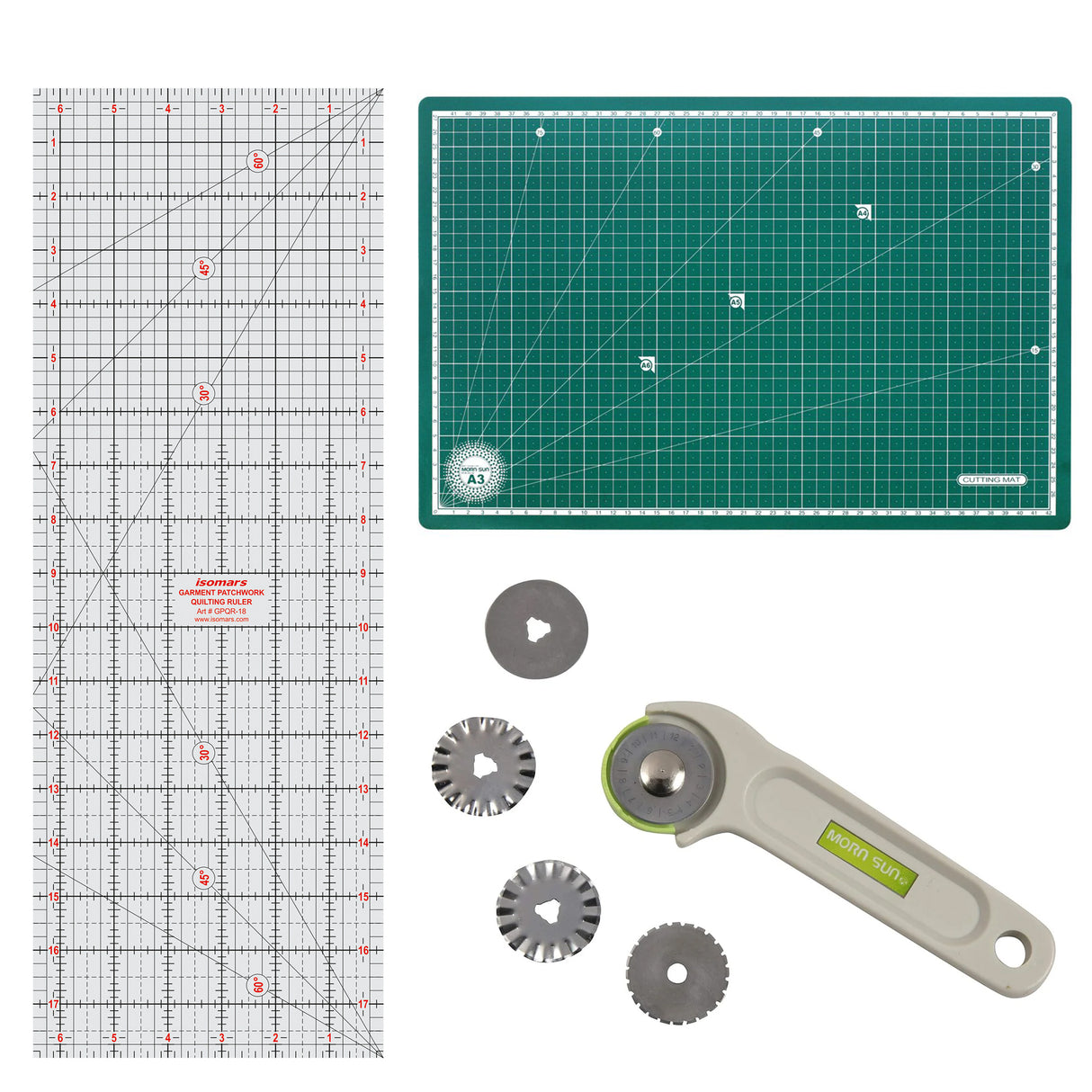 Isomars A3 Self-Healing Cutting Mat with 18 Inch Quilting Ruler & Rotary Cutter Set | Fabric Cutting Kit for Sewing, Tailoring, Quilting, Patchwork, Fashion Designing & Crafts