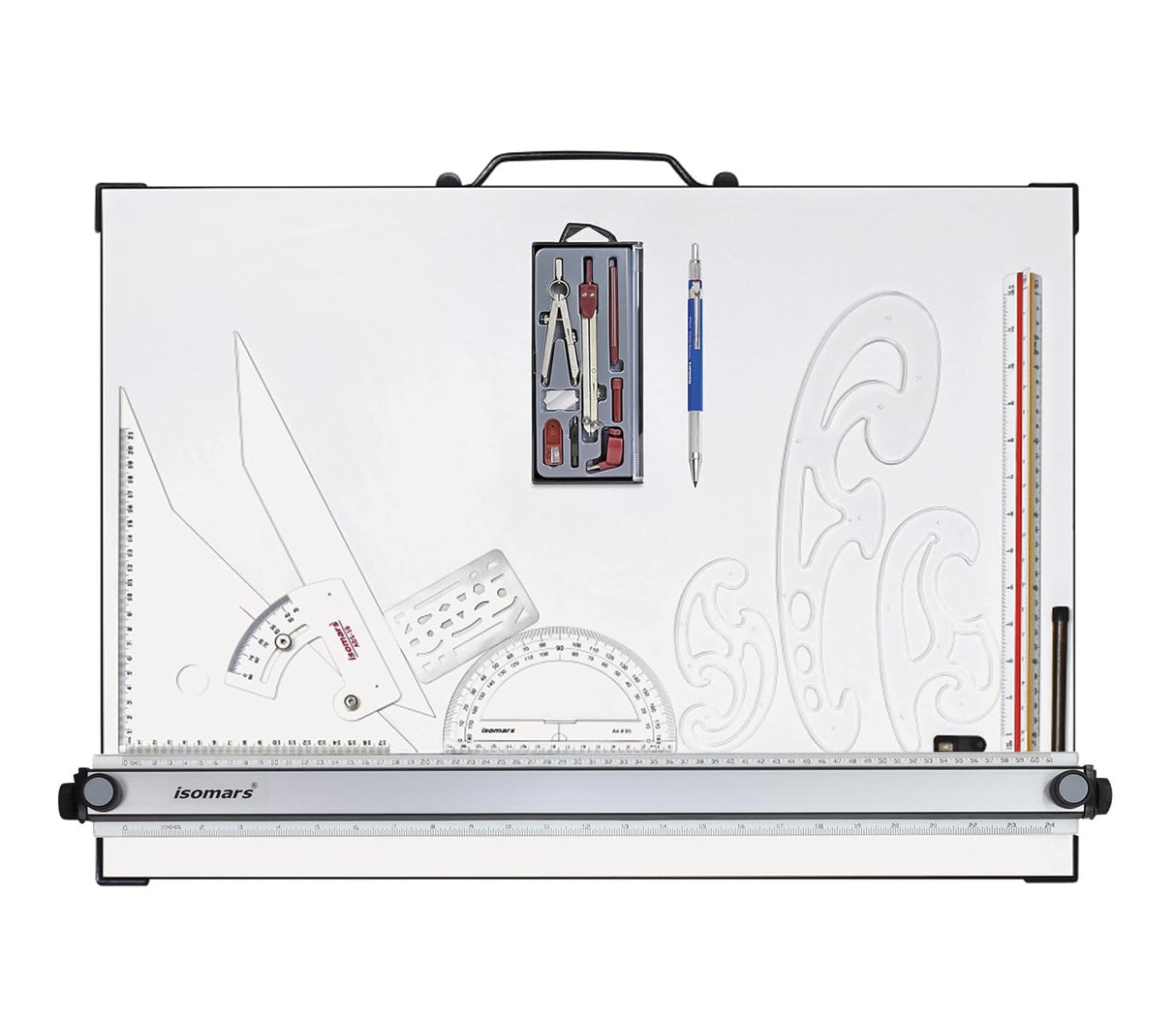 Isomars Drawing and Drafting Architect Kit Comes with Technical Board With Parallel Motion Ruler - A2 Size - 18.5" x 25" Includes Set Square, Mechanical Pencil, French Curve, Technical Compass