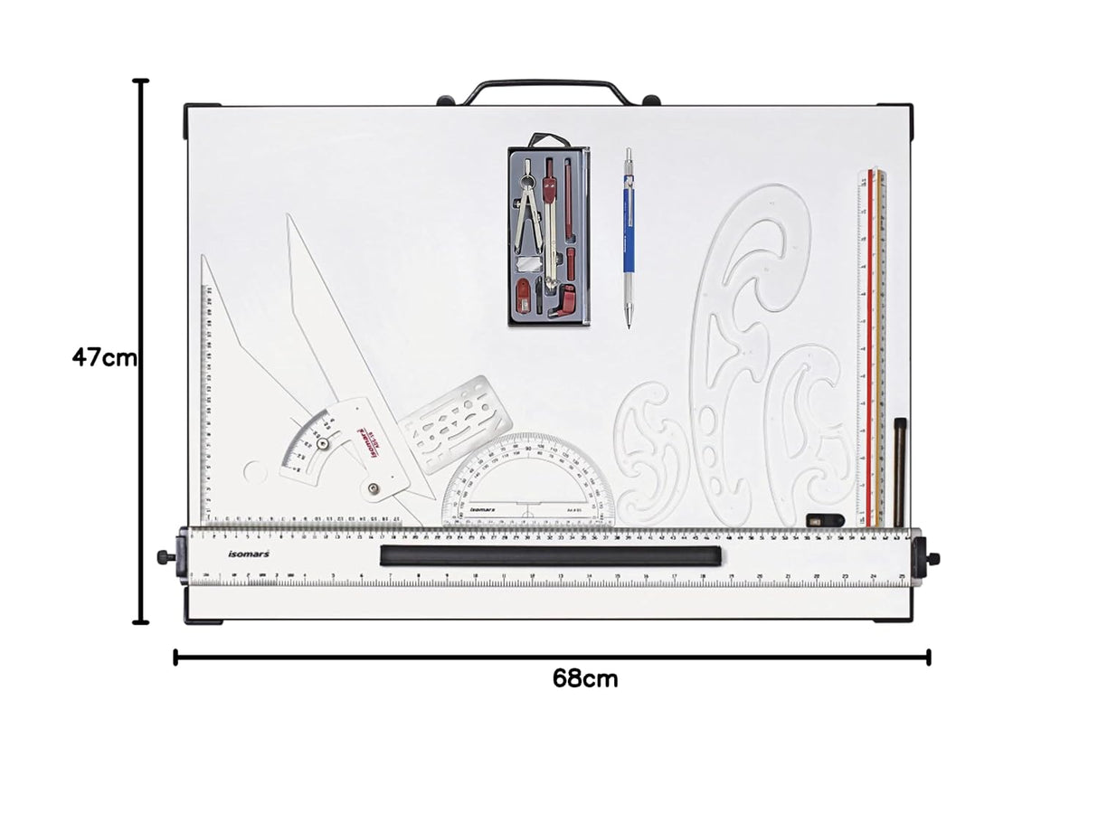 Isomars Drawing and Drafting Architect Kit Comes with Technical Board With Parallel Motion Ruler - A2 Size - 18.5" x 25" Includes Set Square, Mechanical Pencil, French Curve, Technical Compass