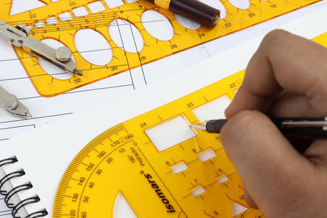 Isomars Combination Geometric Template with Protractor | Multi-Shape Drafting Stencil with Rectangles, Triangles, Ovals & Angle Scale | Drawing Tool for Architects, Engineers, Designers & Students - Isomars