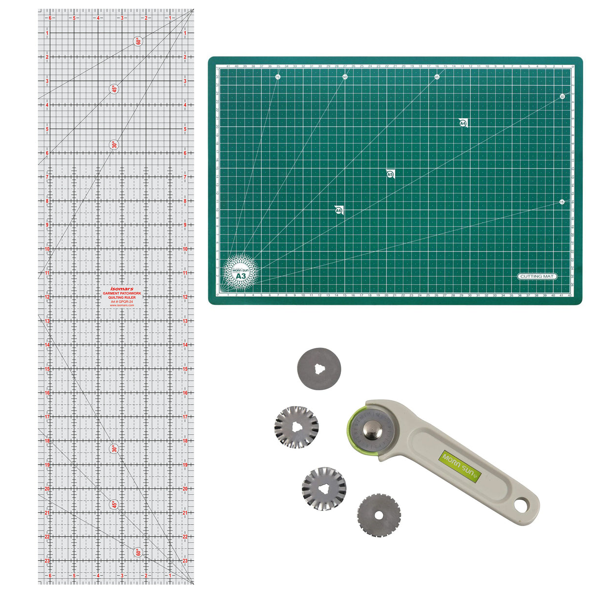 Isomars A3 Self-Healing Cutting Mat with 24 Inch Quilting Ruler & Rotary Cutter Set | Fabric Cutting Kit for Sewing, Tailoring, Quilting, Patchwork, Fashion Designing & Crafts