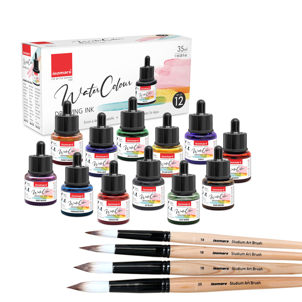 Isomars Watercolour Drawing Ink Set of 12 (35ml Each) with Mop Brush Set of 4 | Vibrant Liquid Watercolor Inks for Calligraphy, Illustration, Airbrush, Painting & Mixed Media Art