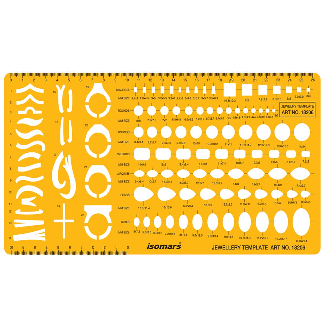 Isomars Jewellery Design Template Set of 2 | Gemstone & Stone Shape Drafting Stencils with Round, Oval, Pear, Emerald, Marquise, Heart & Baguette Shapes for Jewelry Designers & Students - Isomars