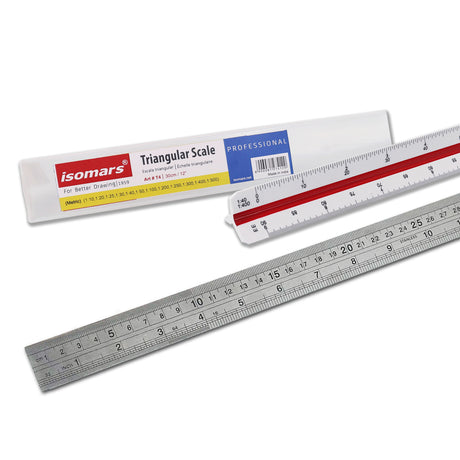 Isomars Triangular Scale 12 Inch with Stainless Steel Measuring Ruler 12 Inch Combo Set | Architect & Engineering Drafting Ruler | Multi-Scale Metric Drawing Tool for Students & Professionals - Isomars