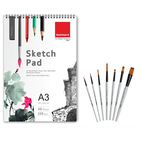 Isomars A3 Sketch Pad with Professional Paint Brush Set of 7 for Artists
