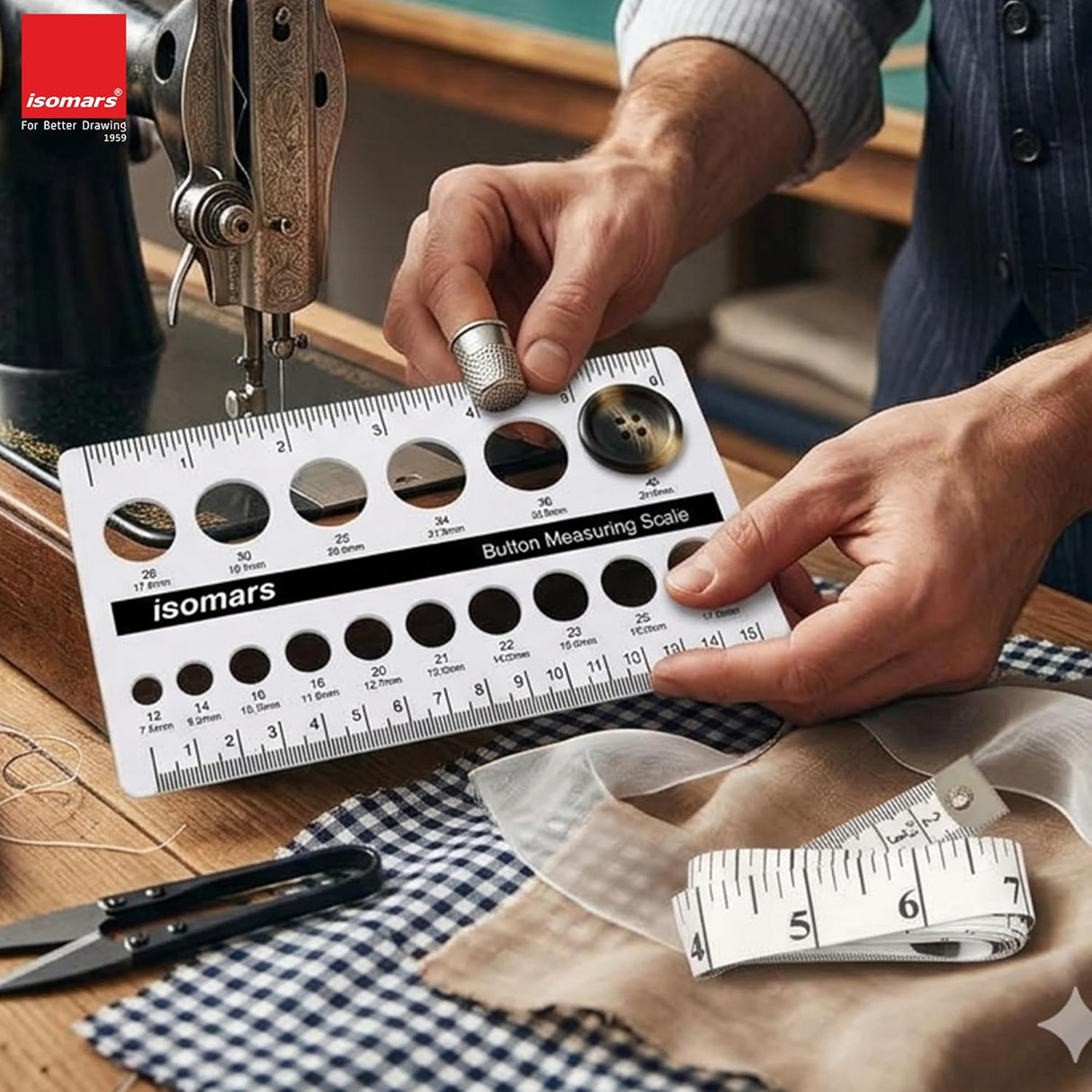 Isomars Button Measuring Scale – Acrylic Button Size Gauge with CM/MM Markings for Tailoring, Fashion Designing & Garment Measurement