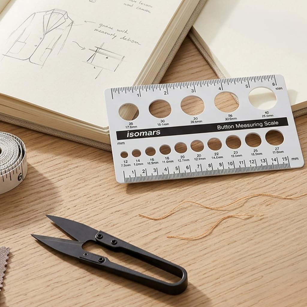 Isomars Button Measuring Scale – Acrylic Button Size Gauge with CM/MM Markings for Tailoring, Fashion Designing & Garment Measurement