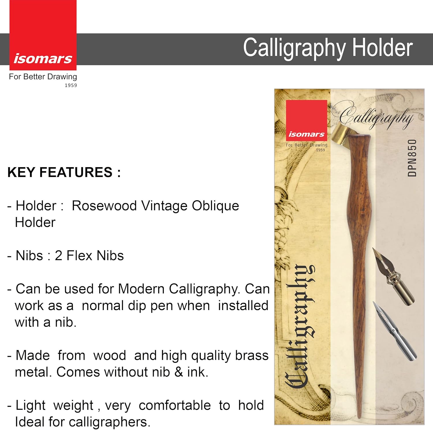 Isomars Calligraphy Holder For Copperplate Calligraphy with 2 Flex Nibs, Rose Wood Holder with Brass Flange