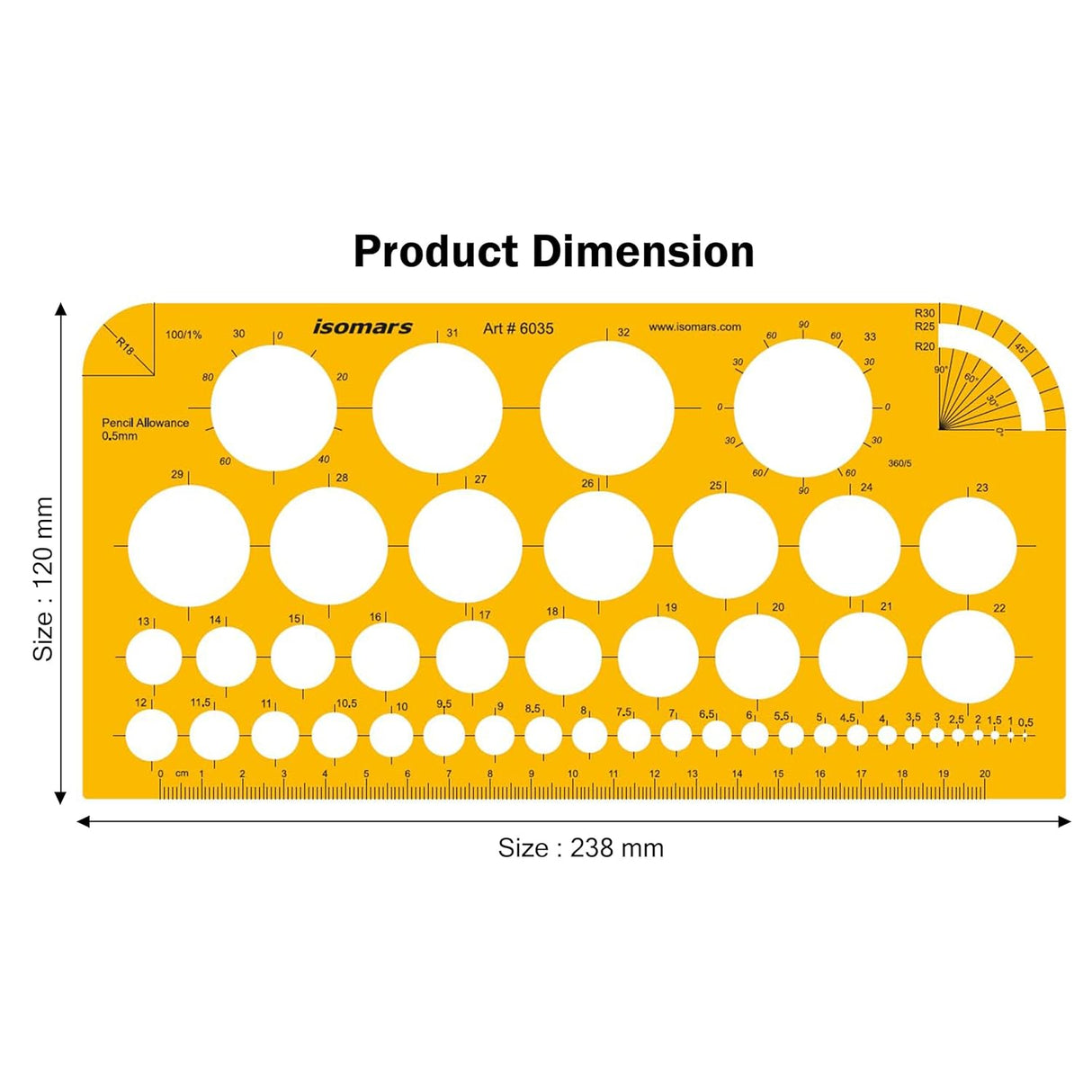 Isomars Circle Template Stencil with Multiple Diameter Sizes, Precision Geometry Drafting Tool with cm/mm Ruler, Degree Angle Guides & Smooth Round Edges for Students, Engineers, Architects & Designers