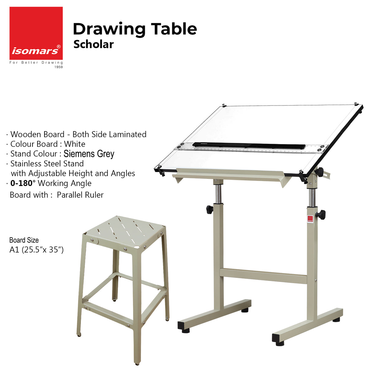 Isomars Scholar A1 Drafting Table with Parallel Scale & Metal Stool, Adjustable Height 35"–47", 0°–180° Tilting Drawing Board, Grey Drafting Desk for Architects, Artists & Engineers