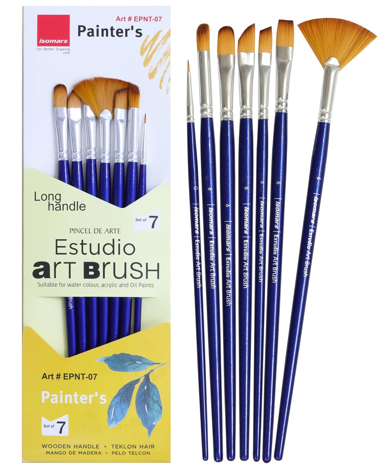 Isomars Estudio Painter’s Art Brush Set of 7 Professional Teklon Synthetic Long Handle Brushes