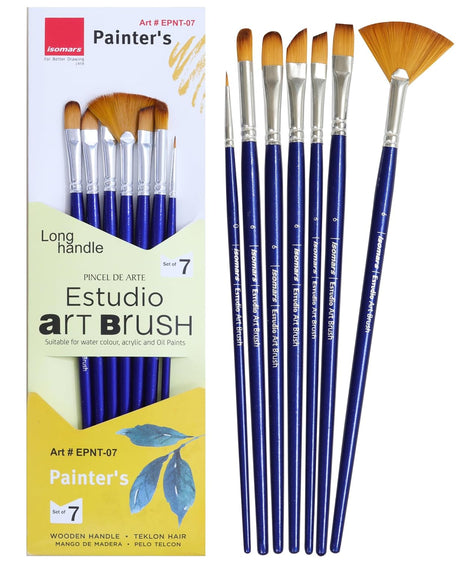 Isomars Estudio Painter’s Art Brush Set of 7 Professional Teklon Synthetic Long Handle Brushes