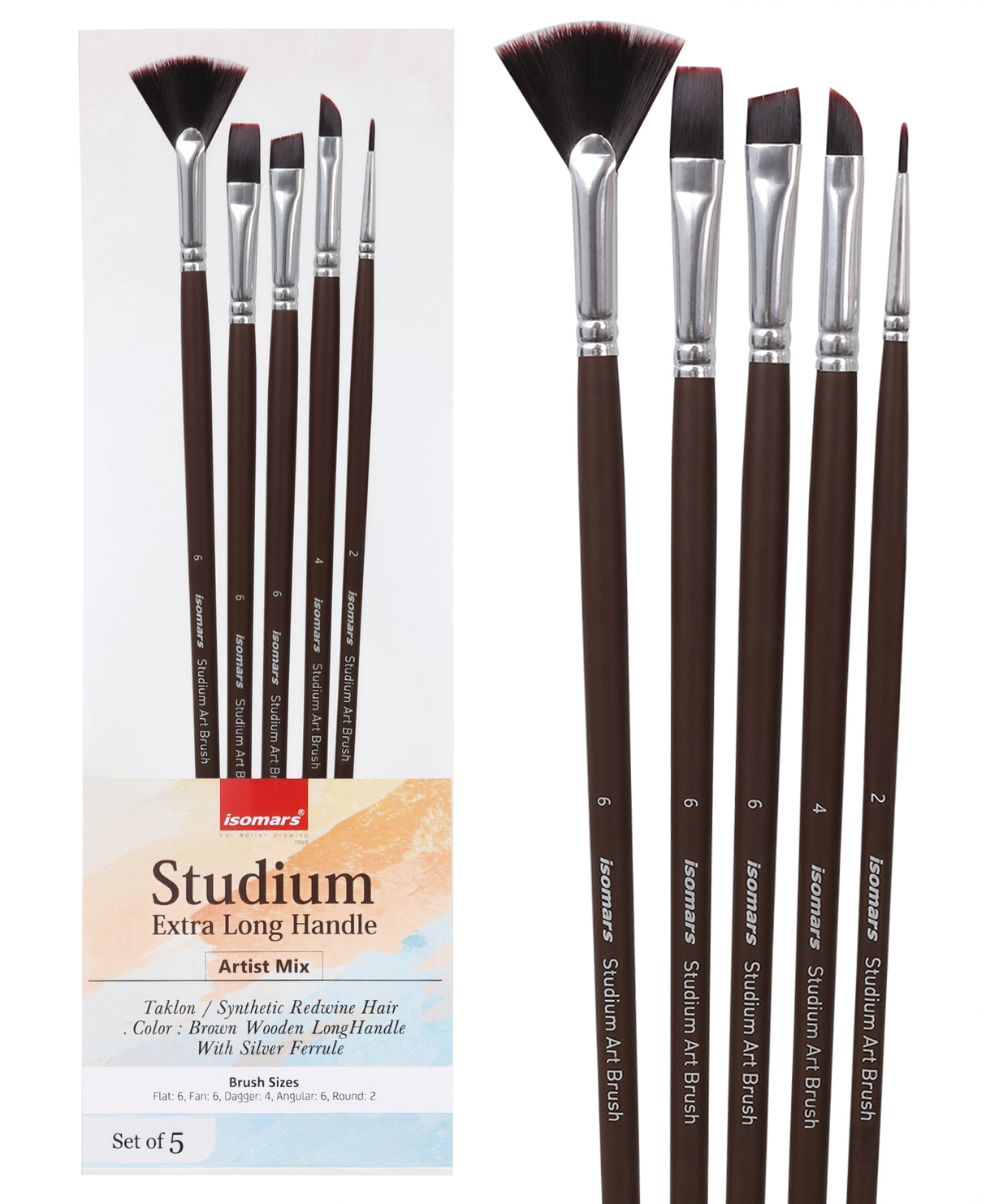 Isomars Extra Long Handle Artist Mix Paint Brush Set Of 5 For Acrylic And Watercolor Painting