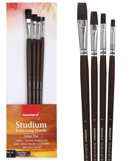 Isomars Extra Long Handle Flat Paint Brush Set Of 4 For Acrylic And Watercolor Painting