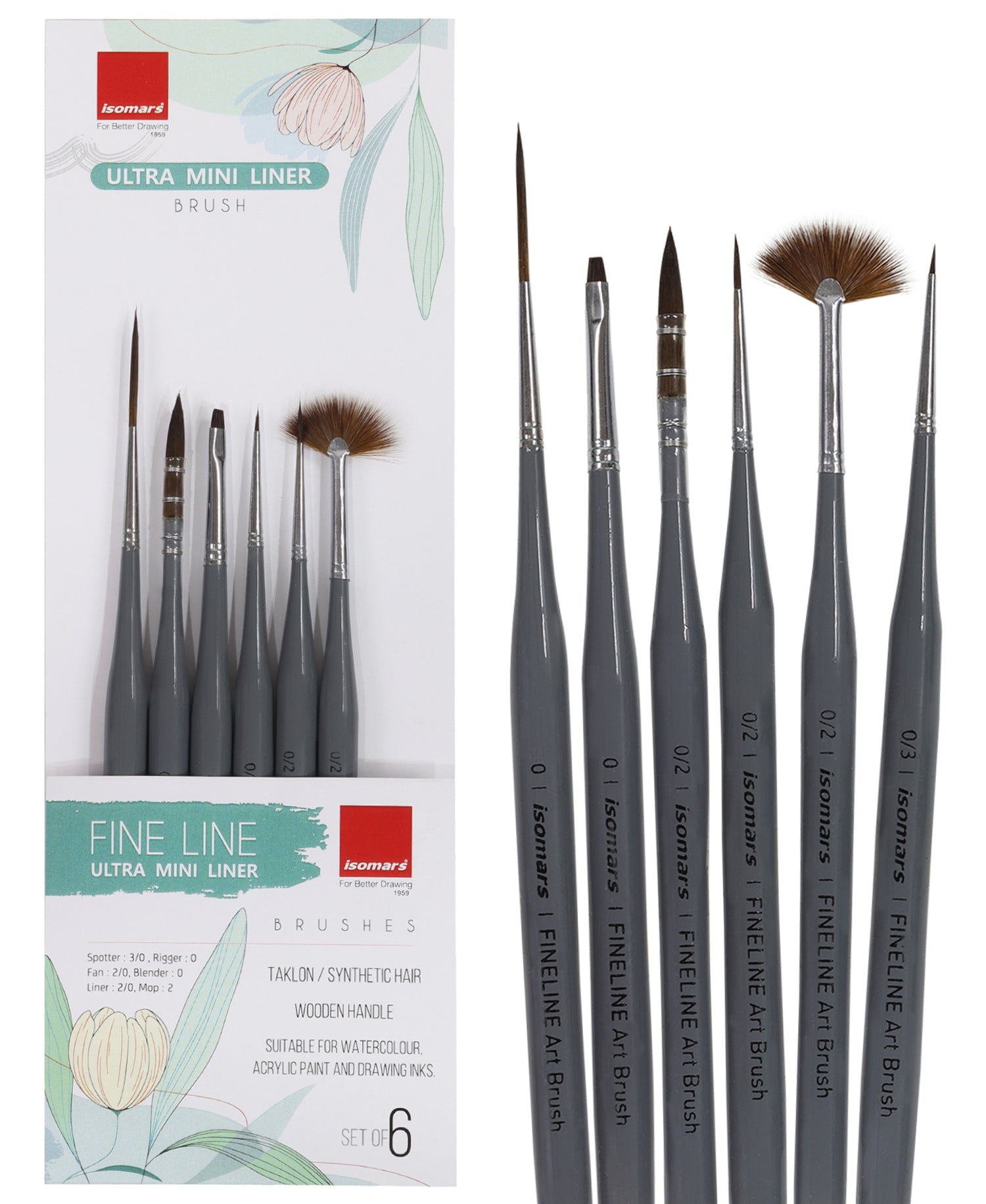 Isomars Fineline Art Brush Set of 6 for Watercolor Acrylic and Gouache Painting