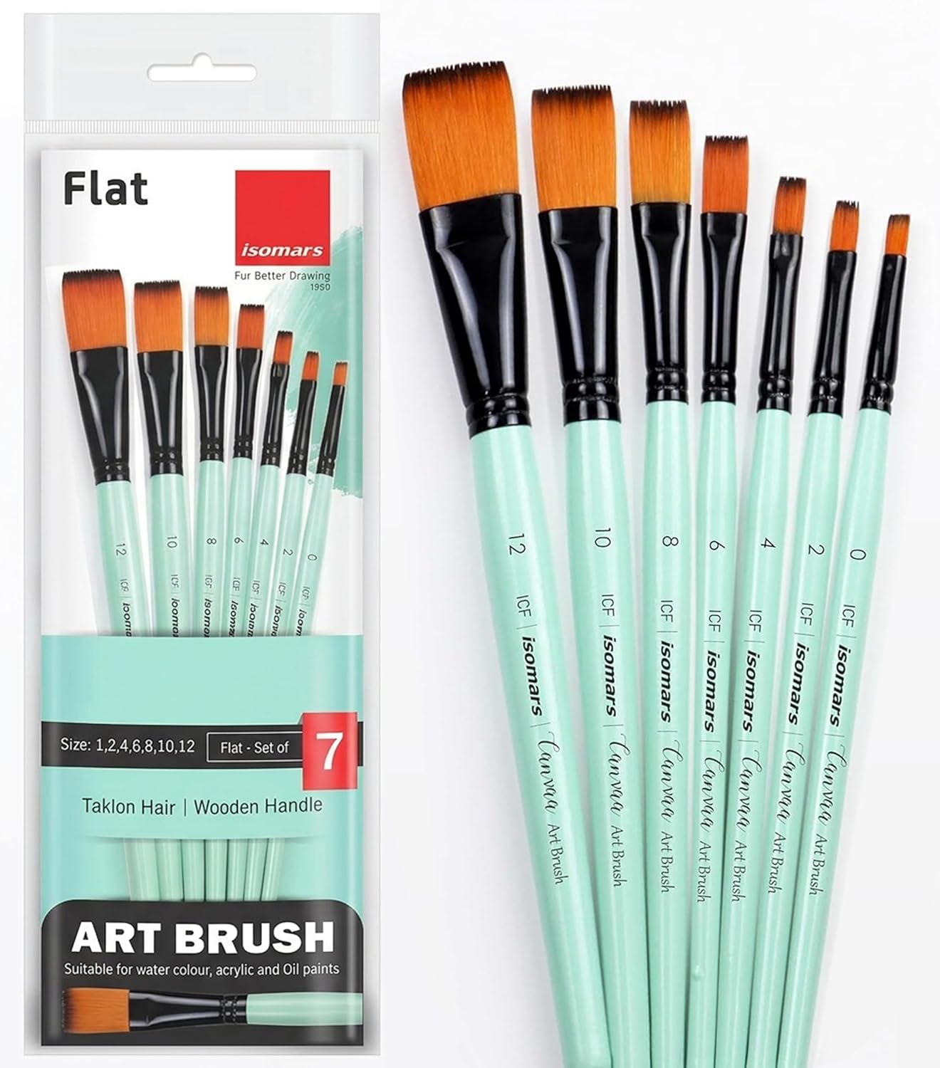 Isomars Flat Paint Brush Set of 7 Professional Synthetic Artist Brushes