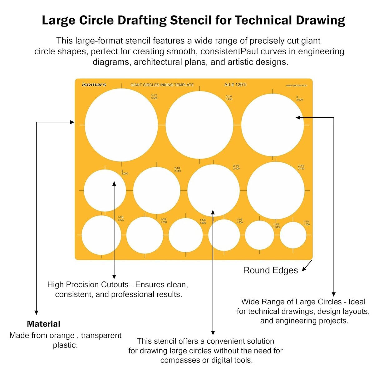 Isomars Giant Circles Drawing Template, Large Circle Stencil for Engineering & Drafting, Precise Geometry Tool for Architects, Designers & Students, Transparent Plastic, Multiple Sizes