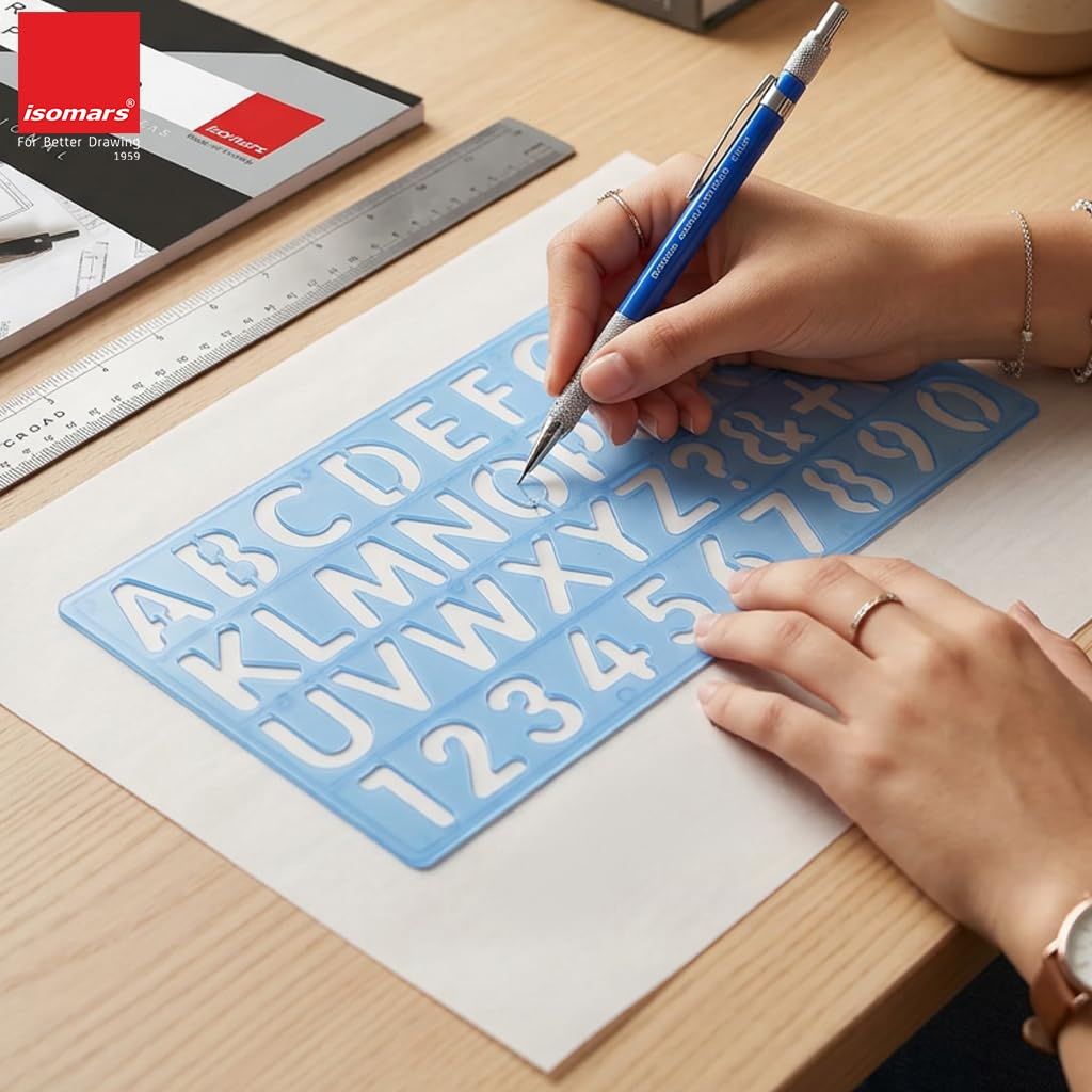 Isomars Lettering Stencil Set of 5, Reusable Alphabet & Number Templates with 4 Letter Stencils and 12 Inch Ruler, Uppercase, Lowercase, Symbols in 8mm, 10mm, 20mm & 30mm for Sign Making, DIY Crafts & School Projects