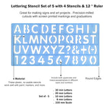 Isomars Lettering Stencil Set of 5, Reusable Alphabet & Number Templates with 4 Letter Stencils and 12 Inch Ruler, Uppercase, Lowercase, Symbols in 8mm, 10mm, 20mm & 30mm for Sign Making, DIY Crafts & School Projects