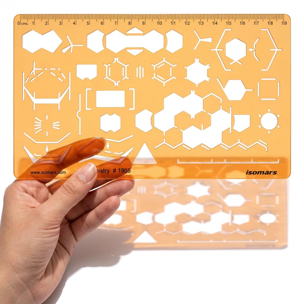 Isomars Organic Chemistry Drawing Template Stencil, Molecular Structure & Chemical Bond Diagram Tool with Benzene Rings, Hexagons, Reaction Symbols and cm/mm Ruler for Students, Chemistry Practicals & Scientific Drafting