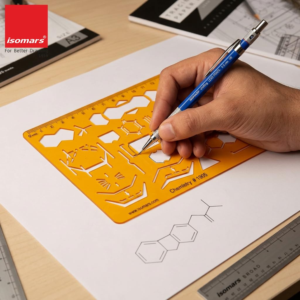 Isomars Organic Chemistry Drawing Template Stencil, Molecular Structure & Chemical Bond Diagram Tool with Benzene Rings, Hexagons, Reaction Symbols and cm/mm Ruler for Students, Chemistry Practicals & Scientific Drafting