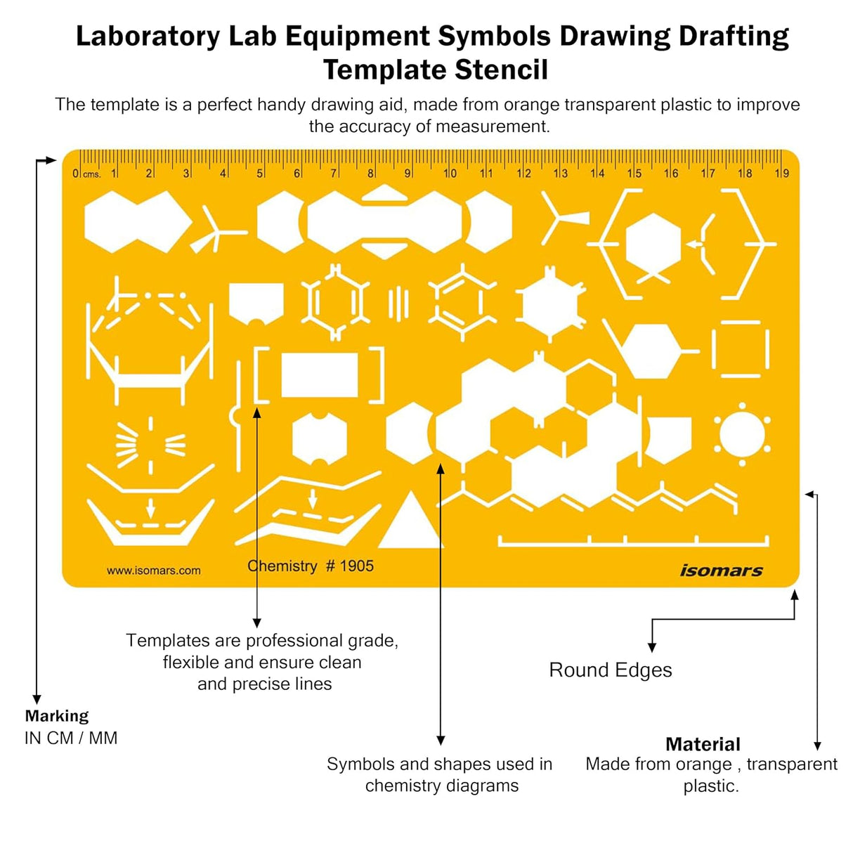Isomars Organic Chemistry Drawing Template Stencil, Molecular Structure & Chemical Bond Diagram Tool with Benzene Rings, Hexagons, Reaction Symbols and cm/mm Ruler for Students, Chemistry Practicals & Scientific Drafting