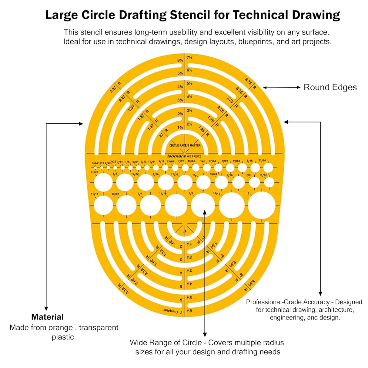Isomars Radius Master Circle Template, Large Circle and Semi Circle Arc Drafting Stencil with Multiple Radius Measurements for Architects, Engineers, Designers, Technical Drawing & Blueprint Planning