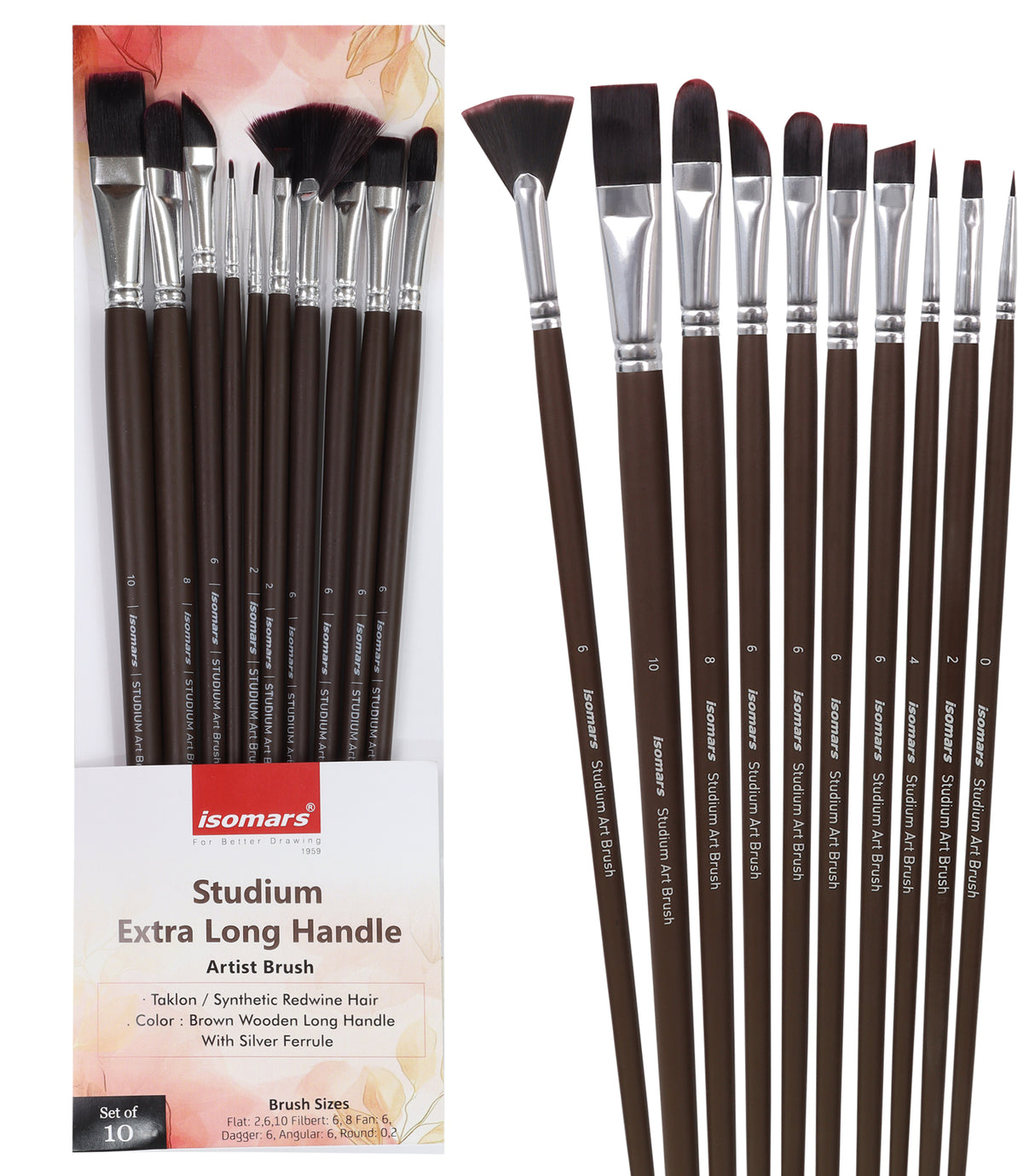 Isomars Studium Extra Long Handle Artist Paint Brush Set Of 10 For Acrylic And Oil Painting