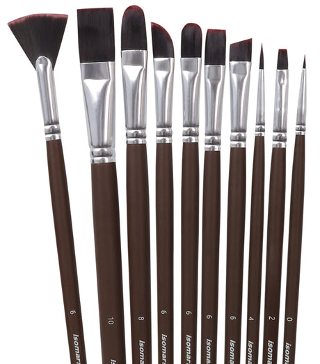 Isomars Studium Extra Long Handle Artist Paint Brush Set Of 10 For Acrylic And Oil Painting