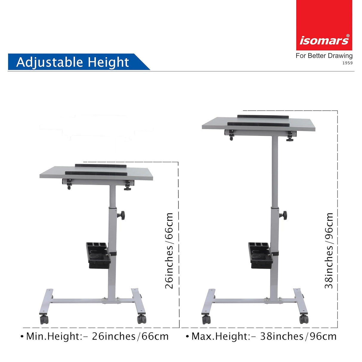 Isomars Engineered Wood Standing Table | Adjustable Height & Angle Multipurpose Laptop Study Desk with Lockable Wheels | Sit Stand WFH, Online Class, Breakfast & Bedside Table (Grey)