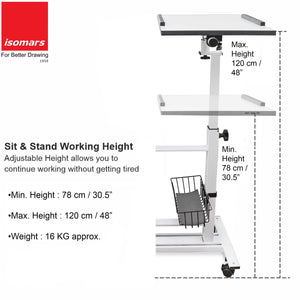 Isomars Sit &Stand 360° 2 Platforms Laptop & Projector User Table Multipurpose Angle Height & 360° Rotation Adjustable Both Side 2 Engineered Wood Board 20" / 50.8 cm x 14" / 35..5 cm (White)