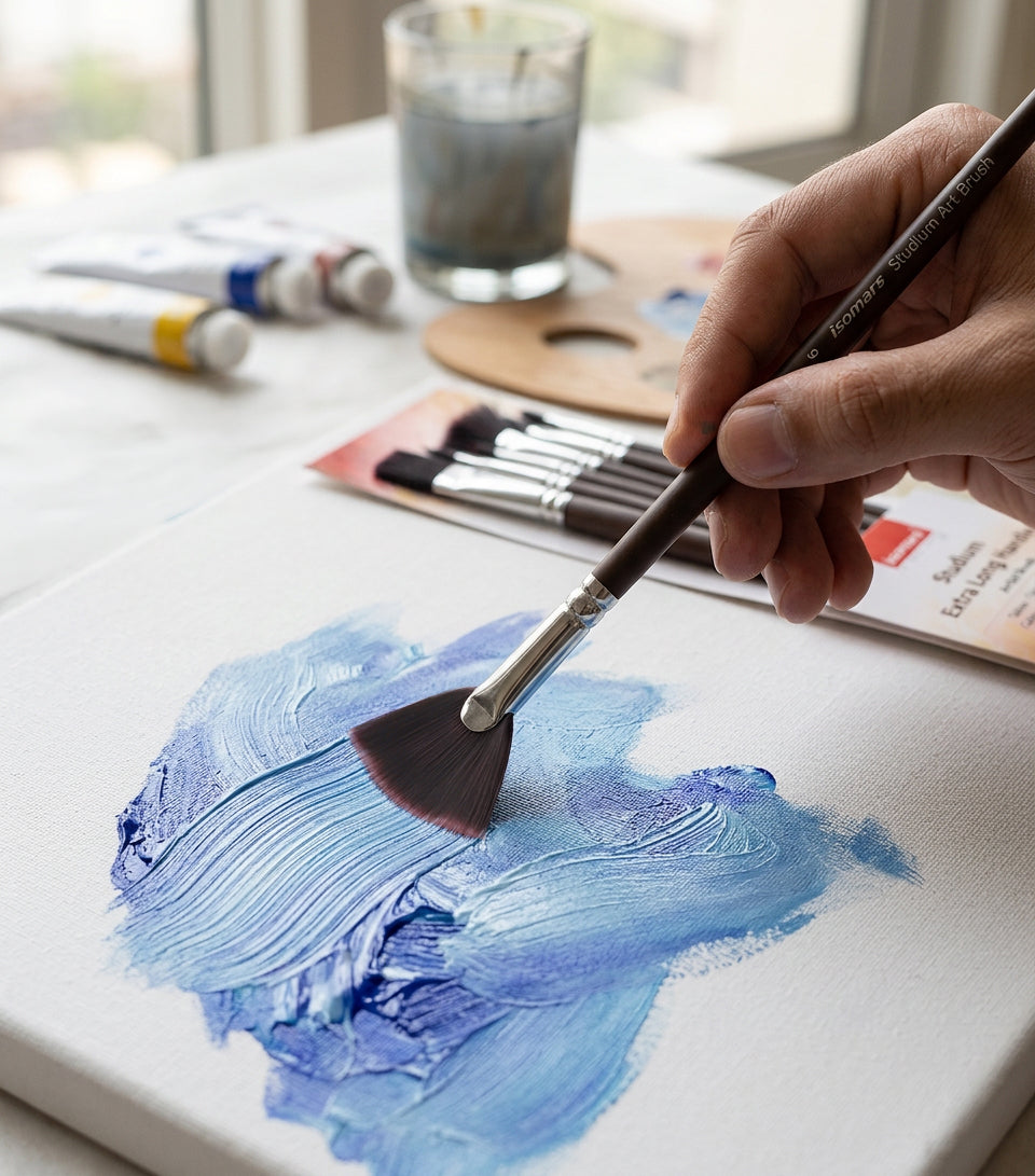 Long Wooden Handle Artist Brush Set With Fan Flat Filbert And Detail Brushes