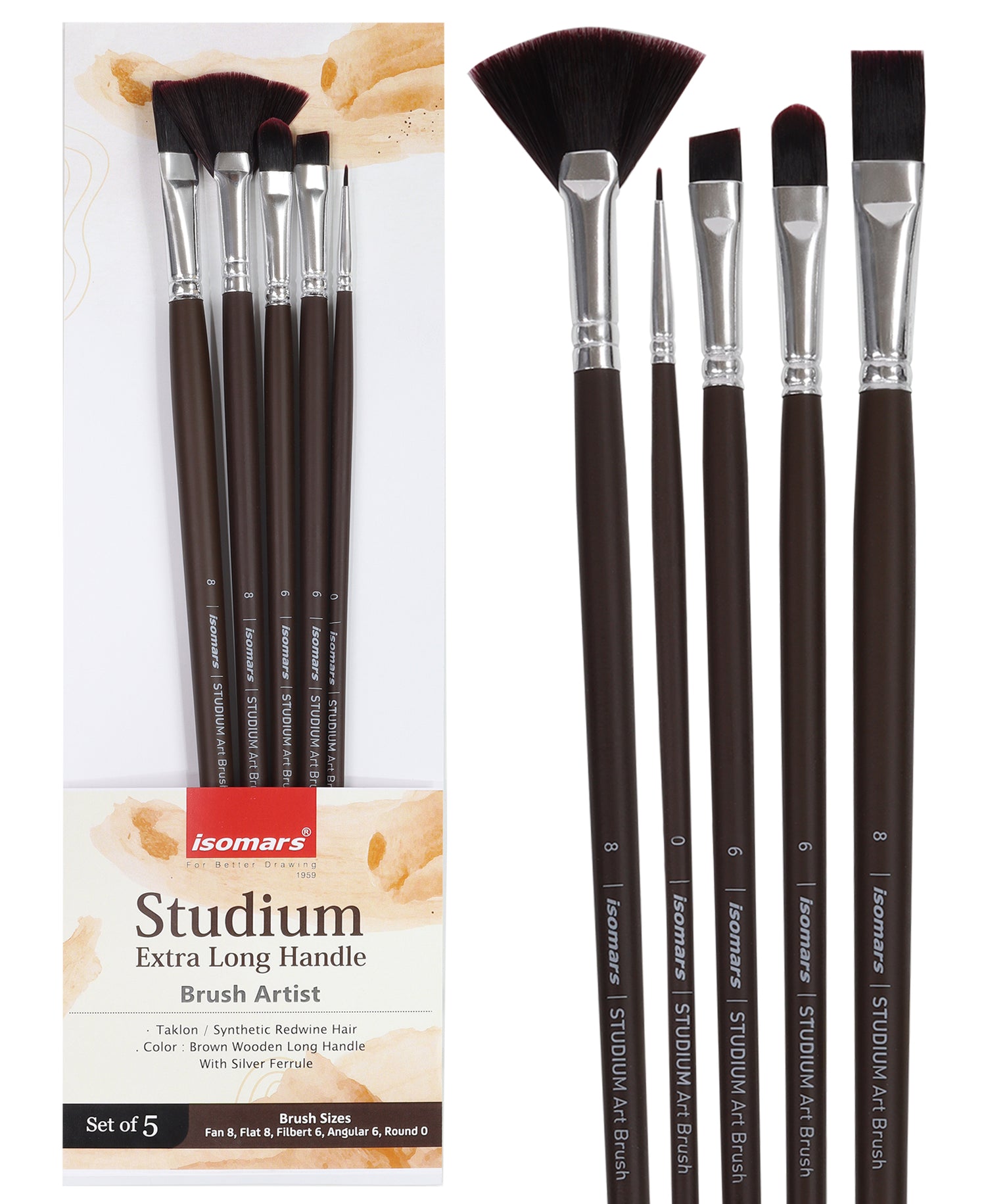 Isomars Studium Extra Long Handle Artist Brush Set Of 5 For Acrylic Watercolor And Oil Painting