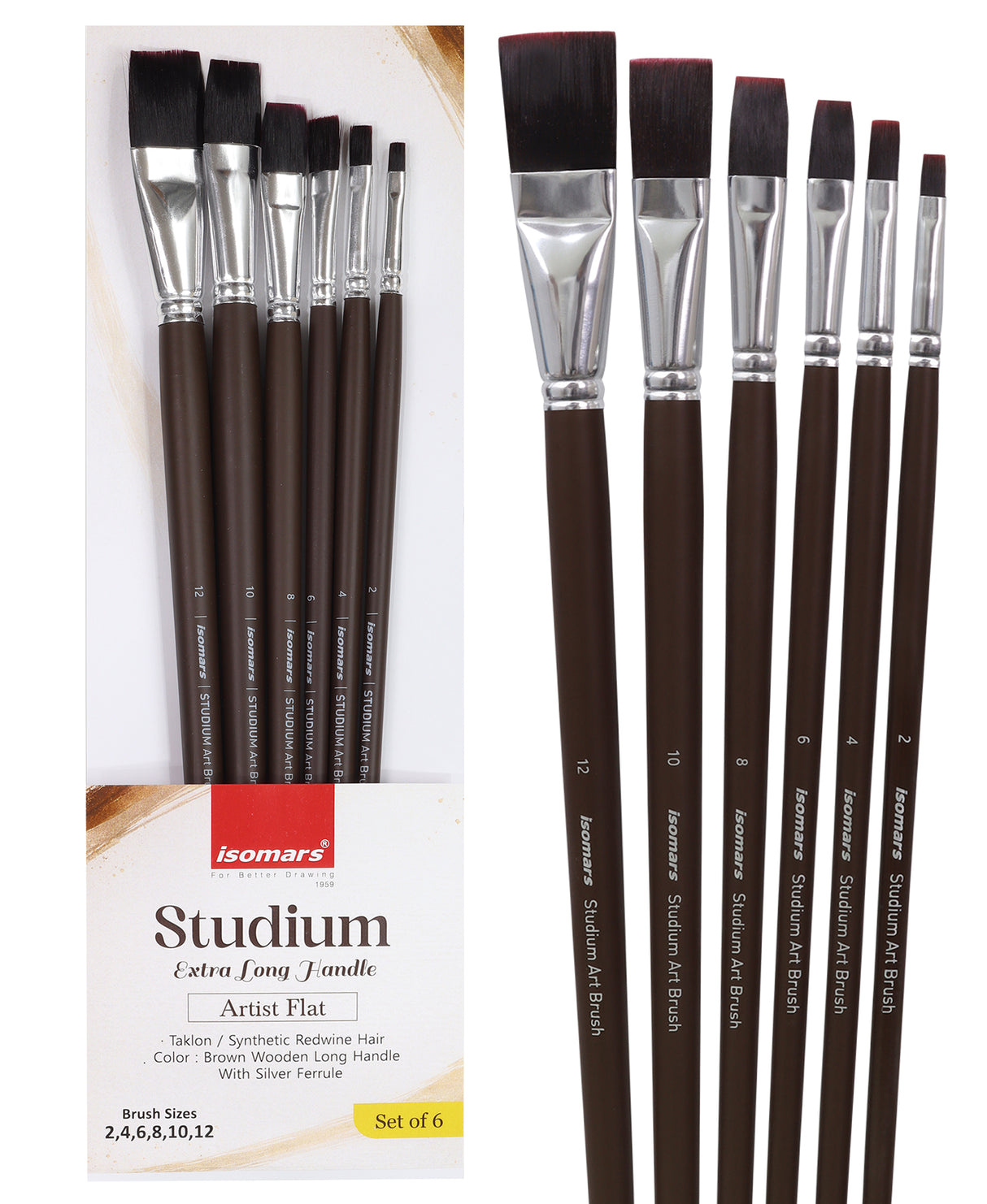 Isomars Studium Extra Long Handle Flat Paint Brush Set Of 6 For Acrylic And Watercolor Painting