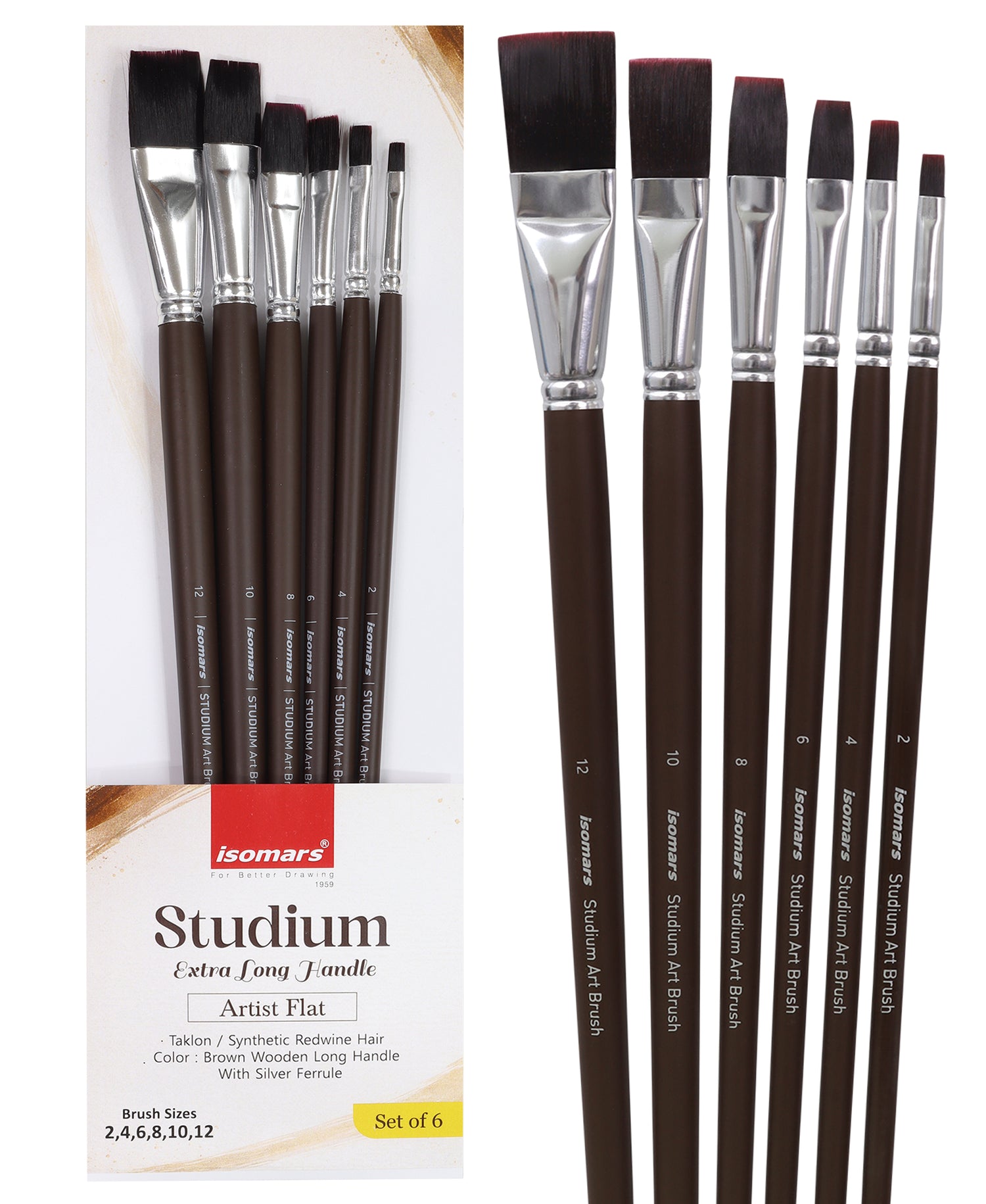 Isomars Studium Extra Long Handle Flat Paint Brush Set Of 6 For Acrylic And Watercolor Painting